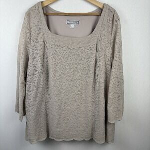 Simonton Says Top Womens 3X Lace Pull Over Neutral Stretch Timeless Romantic